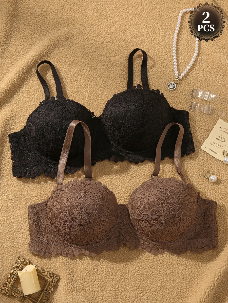 SHEIN Plus Size Underwire Sexy Lace Comfortable Push-Up Bra 2pcs/Set - Multicolor - View 1