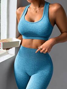 Easithlete Easithlete 女款純色短版上衣與高腰長褲休閒運動套裝，保守運動風，適合日常運動、健身房鍛鍊，粉色/藍色，夏季 - 藍色 - 查看 5