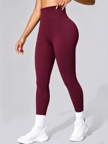 Easithlete Easithlete 女款純色高腰日常健身運動緊身褲 - 酒紅色 - 查看 5