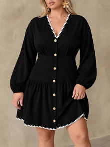 Auralis Plus Size Black Embroidered Trim Dress For Autumn/Winter - Multicolor - View 6