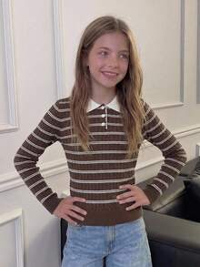 Hapijoa Polo Collar Fitted Long Sleeve Basic Top Autumn/Winter Girls (Large) Knitted Top - Brown - View 4