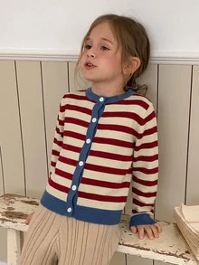 Hapijoa Cardigan Kasual Serbaguna untuk Harian, Motif Garis-Garis untuk Anak Perempuan - Merah - View 5