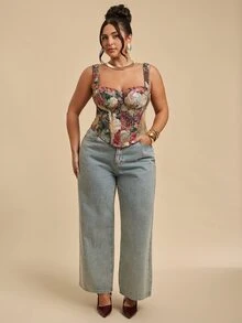 SHEIN BAE CURVE 大尺碼女款緹花性感百搭休閒上衣，女款大尺碼花卉掛毯甜心領束腰上衣，時尚，聖誕節，雞尾酒會，生日 - 彩色 - 查看 4