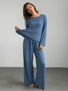 Livesso Women's Solid Color Long Sleeve Top And Pants Loungewear Set - Blue - View 5