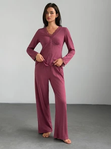 DAZY Women's Contrast Lace Single-Breasted Top And Pants Pajama Set - Brown - View 7