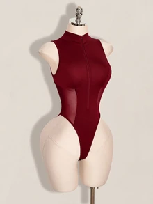 SHEIN ICON Y2K 女款萬聖節黑色性感時尚拉鍊網紗拼接連身衣 - 酒紅色 - 查看 5