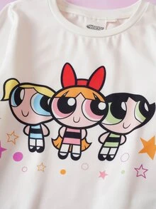 THE POWERPUFF GIRLS X SHEIN 女童卡通印花長袖上衣與長褲家居服套裝 - 粉色 - 查看 4