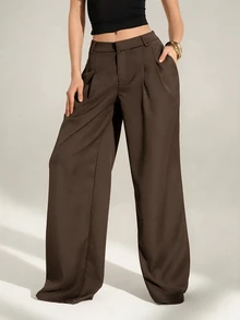 SHEIN Tall Old Money 風格女款高腰百褶寬腿長褲，黑色冬季端莊商務休閒辦公穿搭，優雅純色寬鬆修身工作褲，適合高個女性 - 可可 - 查看 5