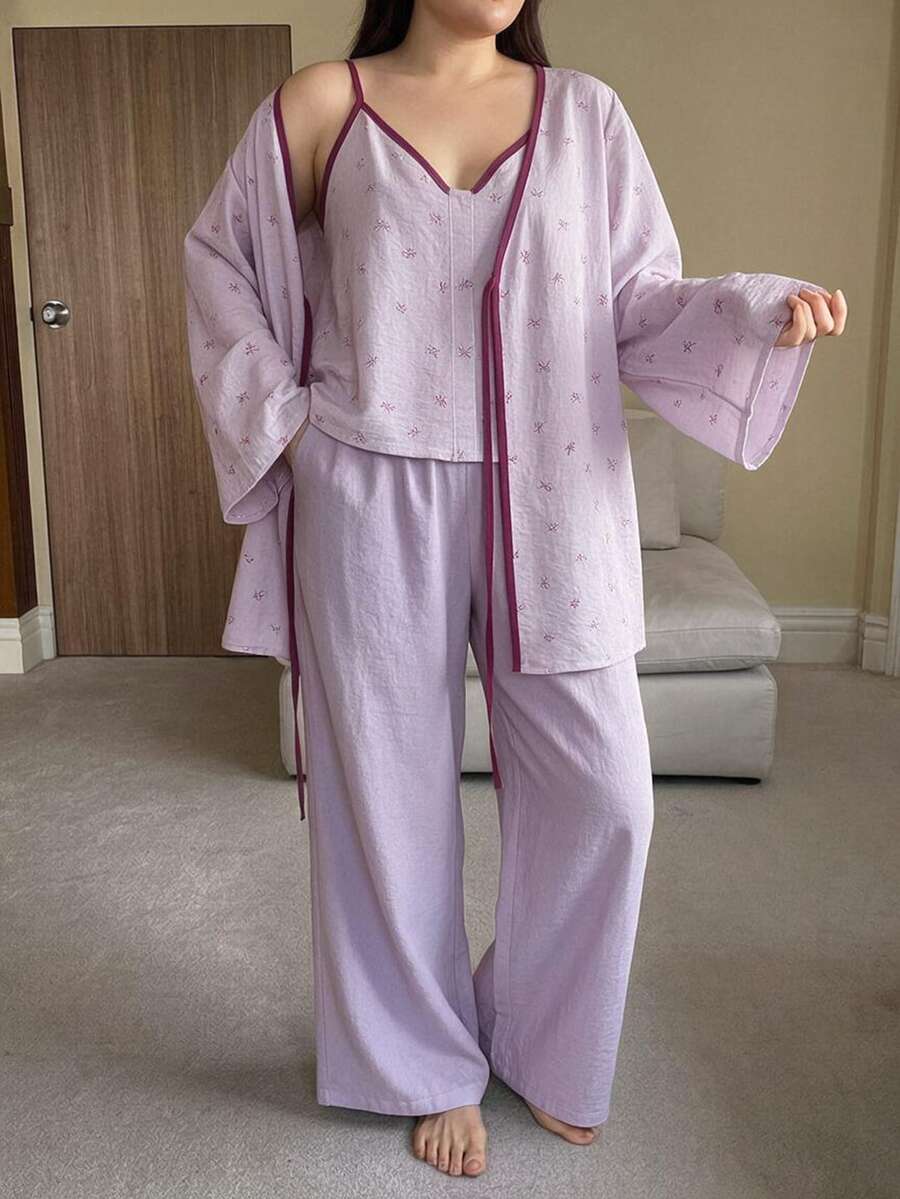 Dazy Plus 3pcs Colorblock Floral Camisole Cardigan Top & Long Pants Loungewear Set, Spring Summer Autumn Pajama Set - Dusty Purple - View 1
