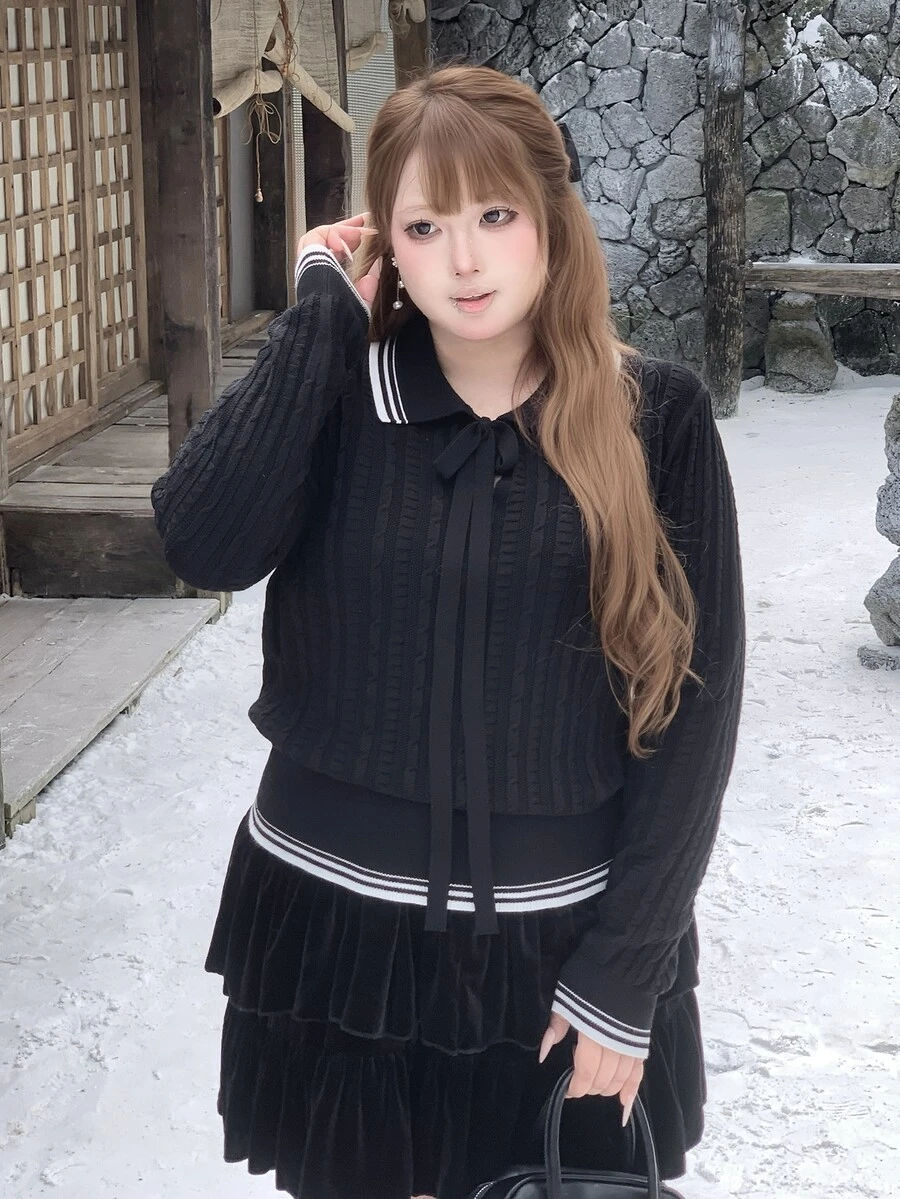 Bijouette Plus Size Shirt Collar Tie V-Neck Pullover Sweater, Autumn/Winter, Flattering Belly And Hip Coverage, Slimming, Pear And Apple Shape Friendly, Non-Constricting, Japanese Gentle Style, Suitable For Commute, Date, Travel And Sightseeing - Black - View 1