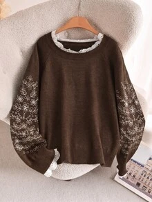 CosyJoli 大尺碼女款花卉刺繡插肩袖休閒寬鬆套頭毛衣，秋冬季 - 咖啡棕 - 查看 6