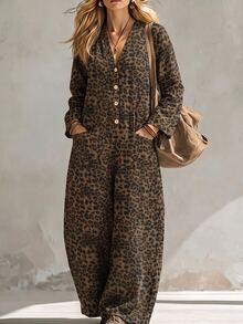 Linhara CURVE 2026 New V-Neck Plus Size Women's Jumpsuit With Pockets Fall - Coffee Brown - View 3