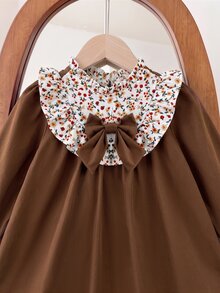 SHEIN Baby Girl Patchwork Floral Frill Trim Stand Collar Bow Decor Cute Dress - Brown - View 12