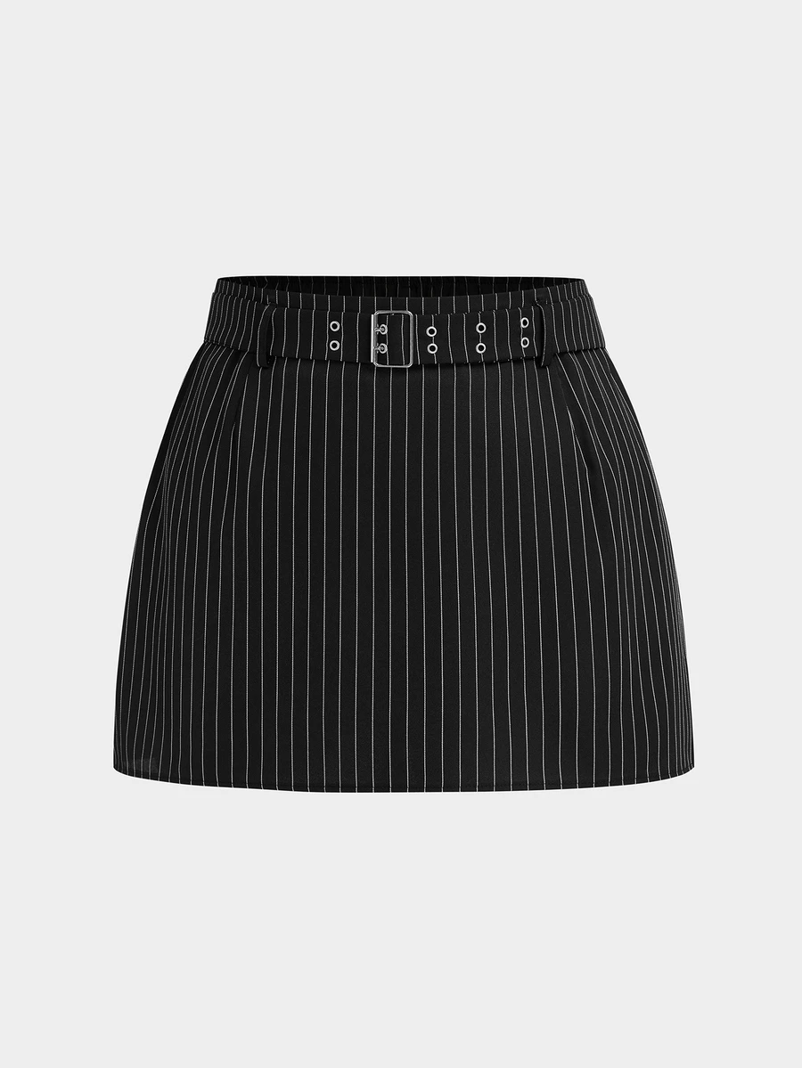Sweetra Plus Size Women's Black Pinstripe Button Low Waist Mini Skirt ...