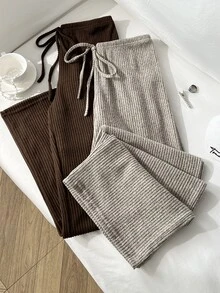 Sweetra Autumn New Classic Apricot Coffee Brown Color-Blocking Minimalist Basic Modest Casual Commuter Lounge Style French Loose Straight Leg Pants For Women - Multicolor - View 3