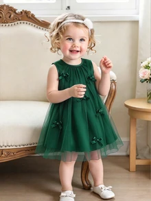 SHEIN Vintaside Kids 女嬰甜美夢幻粉色網紗洋裝，飾有可愛3D蝴蝶結裝飾，適合外出、度假與拍照拍攝 - 綠色 - 查看 6