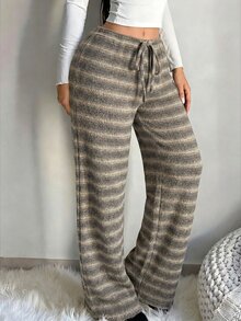 SHEIN SXY 女款舒適休閒 90 年代簡約低腰抽繩寬腿褲 綠色條紋套裝 舒適居家服 夏季 - 彩色 - 查看 7