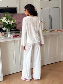 SweetSlumber Women's Glossy Velvet Bowknot Decorated Sweet Pajama Set - White - View 2