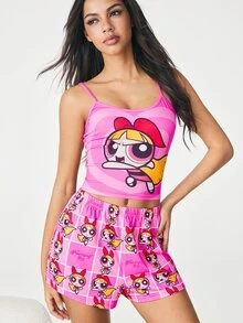 THE POWERPUFF GIRLS X SHEIN Set Piyama Atasan Camisole dan Celana Pendek Motif Kartun untuk Wanita - Baby Pink - View 3