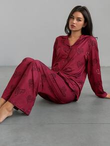 DAZY Women's Leopard Print Button-Up Top And Long Pants Pajama Set - Red - View 5