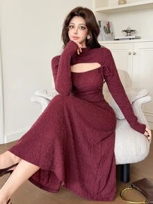 Feyla Women's Solid Color Cutout Design Front Tie Elegant Midi Dress - Burgundy - View 4