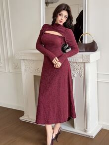 Feyla Women's Solid Color Cutout Design Front Tie Elegant Midi Dress - Burgundy - View 1