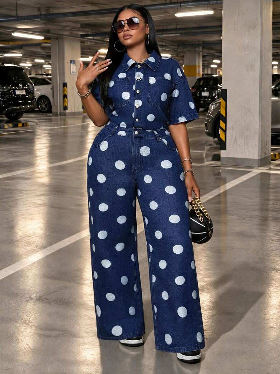 Slaydiva Festival Plus Size Women's Blue Non-Stretch Polka Dot Print Loose Short Sleeve Jumpsuit - Light Wash - View 1