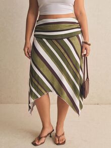 SHEIN Tall CURVE 大尺碼夏季休閒拼色條紋不對稱下擺裙 秋季 - 彩色 - 查看 3