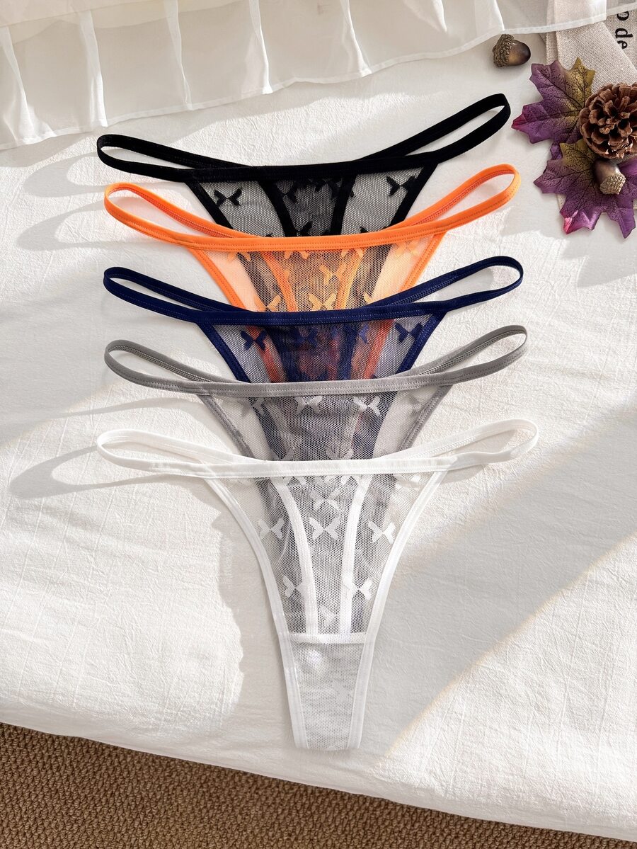 PetitDoll 5 Pcs Women's Lace Bow Decor Sexy Cute Kawaii Everyday Thong Panties All Black Orange Navy Blue All White - Multicolor - View 1