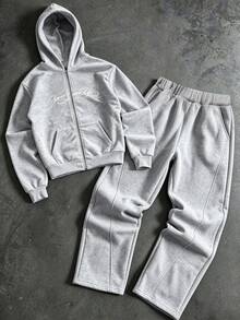 SHEIN 青少年女孩字母印花拉鍊連帽外套與運動長褲休閒套裝 - 灰色 - 查看 1
