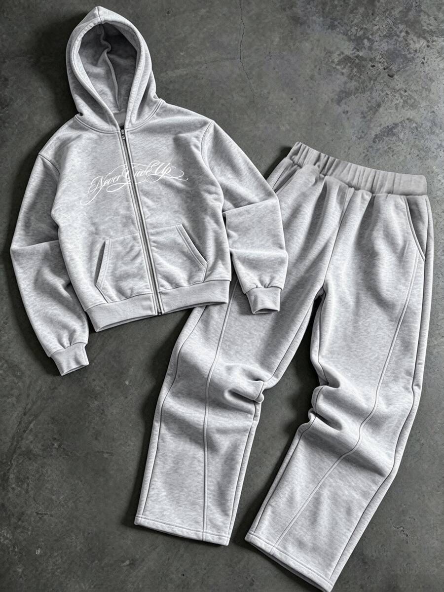 SHEIN 青少年女孩字母印花拉鍊連帽外套與運動長褲休閒套裝 - 灰色 - 查看 1