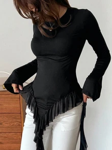 Livesso 女款黑色圓領長袖純色寬鬆休閒落肩百搭萬能T恤，秋季 - 黑色 - 查看 3