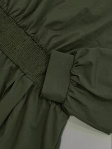 SHEIN LUNE CURVE 大尺碼圓領長袖A字裙口袋收腰長洋裝 秋季 - 軍綠色 - 查看 6