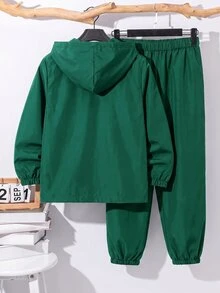 兒童青少年男孩半拉鍊連帽外套與慢跑長褲 2 件套，休閒運動風，適合秋冬 - 墨綠色 - 查看 2