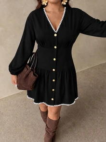 Auralis Plus Size Black Embroidered Trim Dress For Autumn/Winter - Multicolor - View 3
