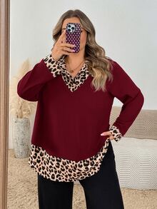 SHEIN CURVE+ 大尺碼女款休閒豹紋插肩袖圓弧下擺 2-in-1 上衣（秋季風格） - 酒紅色 - 查看 5