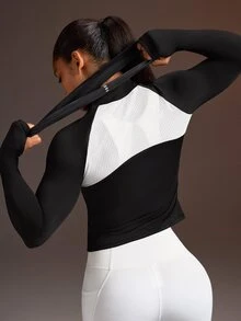 Powerista Women's Minimalist Half-Zip Mesh Sports Sweatshirt - Black and White - View 2