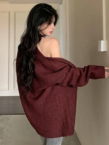 DAZY 2件組女款純色細肩帶背心開襟針織衫套裝，秋季 - 酒紅色 - 查看 2