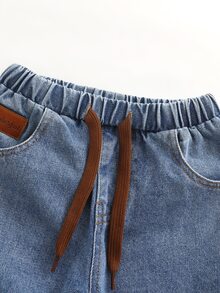 Quần dài denim cho bé trai, màu xanh giặt kiểu vintage hoài cổ, vải denim không co giãn, cạp quần cổ điển thiết kế nút, xử lý mài rách và bạc màu - Rửa tối - Xem 6