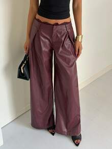Aloruh Women's Autumn/Winter Party Elegant Lace Patchwork PU Wide Leg Pants - Burgundy - View 1