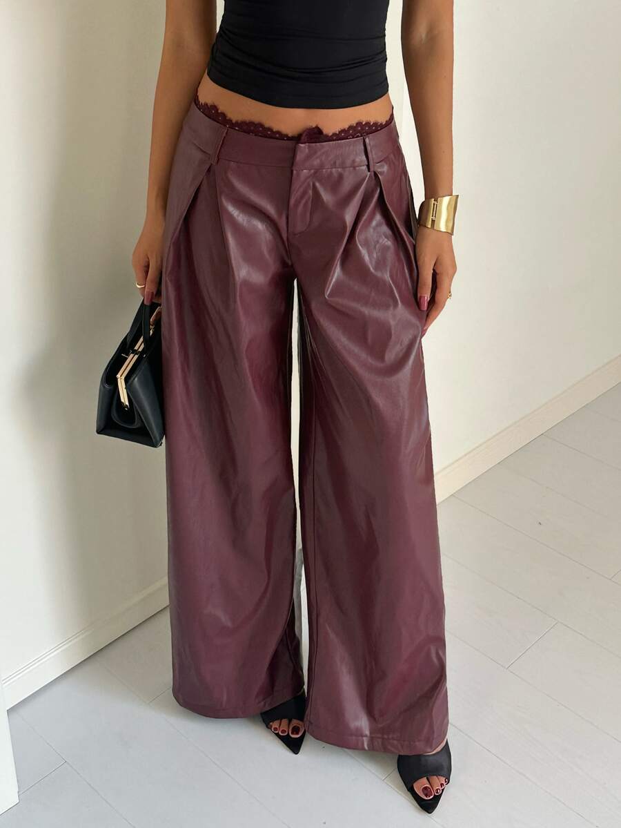 Aloruh Women's Autumn/Winter Party Elegant Lace Patchwork PU Wide Leg Pants - Burgundy - View 1