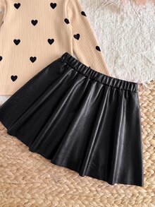 SHEIN Set Atasan Pullover Lengan Panjang Bergaris Motif Hati dan Rok Serbaguna untuk Bayi Perempuan, Elegan & Manis, Cocok untuk Musim Dingin - MultiWarna - View 5