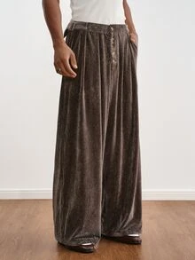 TOKVUE Men's Button Design Pleated Wide Leg Loose Casual Pants - Coffee Brown - View 5