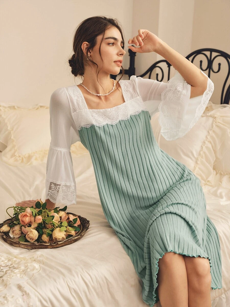 Côtesoire Women's Lace Patchwork Casual Daily Home Sleep Dress - Cadet Blue - View 1