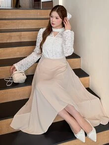 Bijouette Gaun Lengan Panjang Renda Patchwork Lembut untuk Wanita Ukuran Plus, Cocok untuk Pemakaian Sehari-hari dan Kencan - Putih - View 4