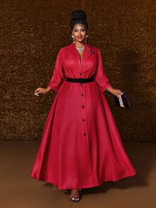 Maweii Plus Size Women's Vintage Commuter Style Red Pinstripe Lapel Design Single-Breasted Black Button Closure A-Line Flared Waist Long Sleeve Dress Fall - Red - View 1