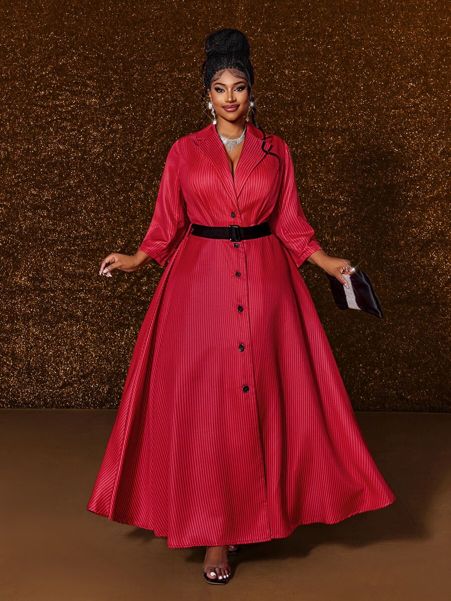 Maweii Plus Size Women's Vintage Commuter Style Red Pinstripe Lapel Design Single-Breasted Black Button Closure A-Line Flared Waist Long Sleeve Dress Fall - Red - View 1