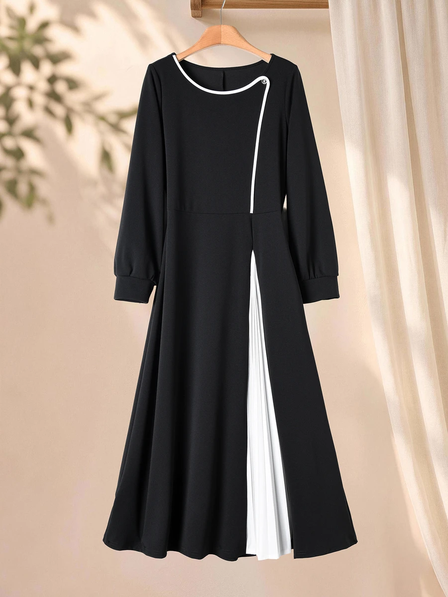 Rusticease Elegant Round Neck Long Sleeve Color Block Dress For Middle-Aged And Elderly Women - Black - View 1
