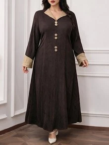Al Najma Đầm Ả Rập nữ size lớn phối màu phong cách thường ngày, dự tiệc và du lịch - Cà phê nâu - Xem 6