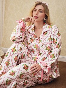 Elorette Plus Size Floral Print Button-Up Top And Pants Pajama Set - Pink - View 6